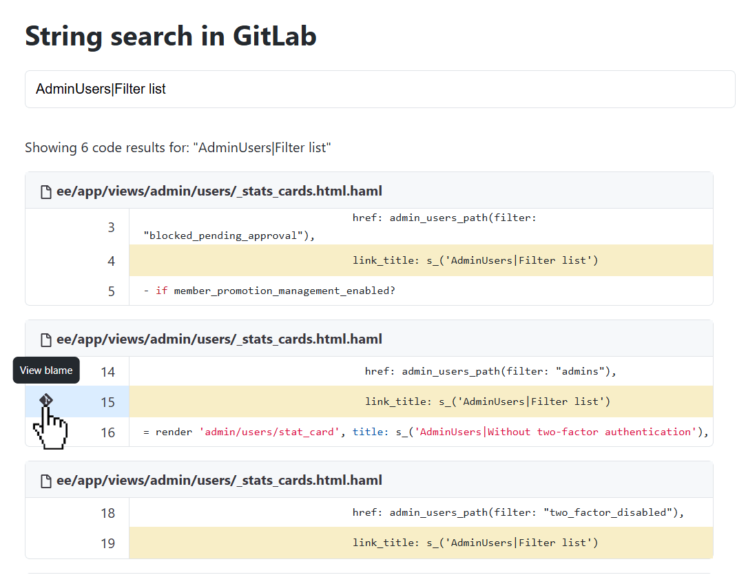 GitLab code search displaying results for a string