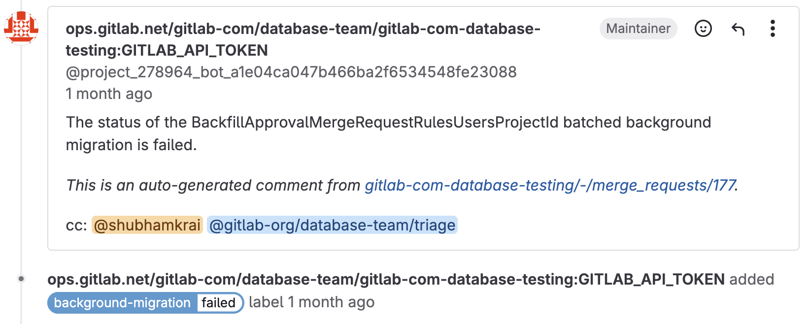 Merge request comment tagging team members about the migration failure.