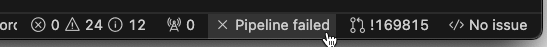 The bottom status bar, showing the most recent pipeline has failed.