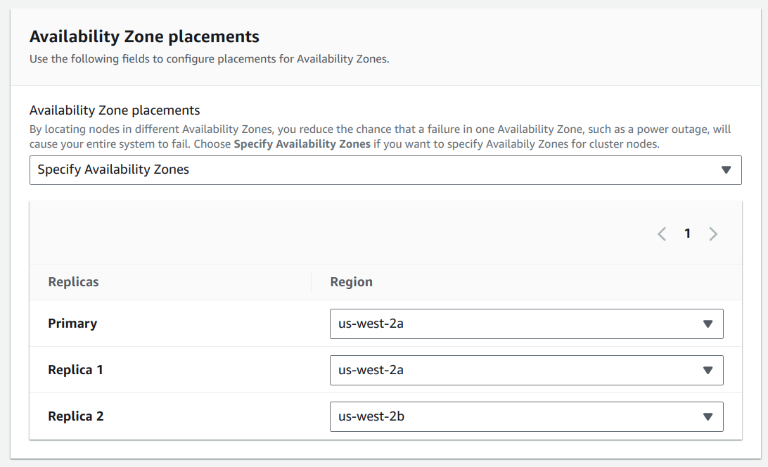 Choose the availability zones for the Redis group.